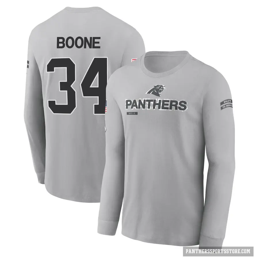 Youth ＃34 Mike Boone Carolina Panthers Gray 2024 Salute to Service Long Sleeve T-Shirt