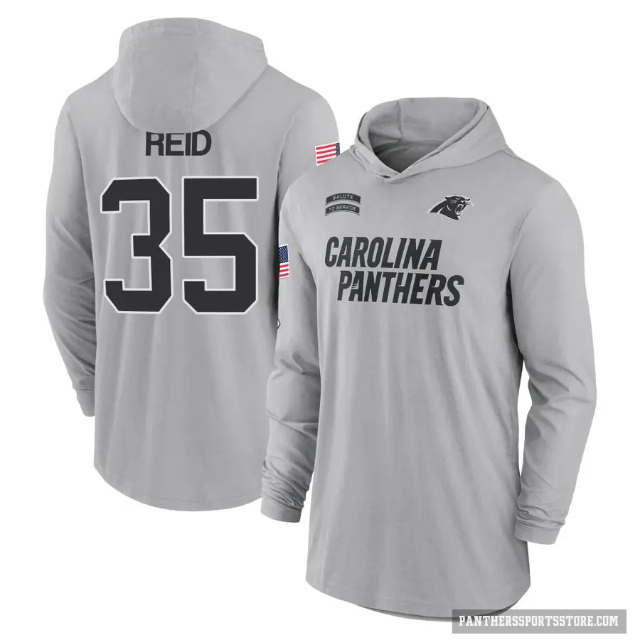 Youth ＃35 Mike Reid Carolina Panthers Gray 2024 Salute to Service Lightweight Performance Long Sleeve Hooded T-Shirt