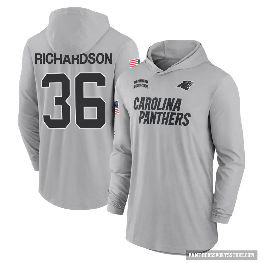 Youth ＃36 Demani Richardson Carolina Panthers Gray 2024 Salute to Service Lightweight Performance Long Sleeve Hooded T-Shirt