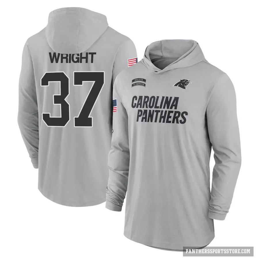 Youth ＃37 Matthew Wright Carolina Panthers Gray 2024 Salute to Service Lightweight Performance Long Sleeve Hooded T-Shirt