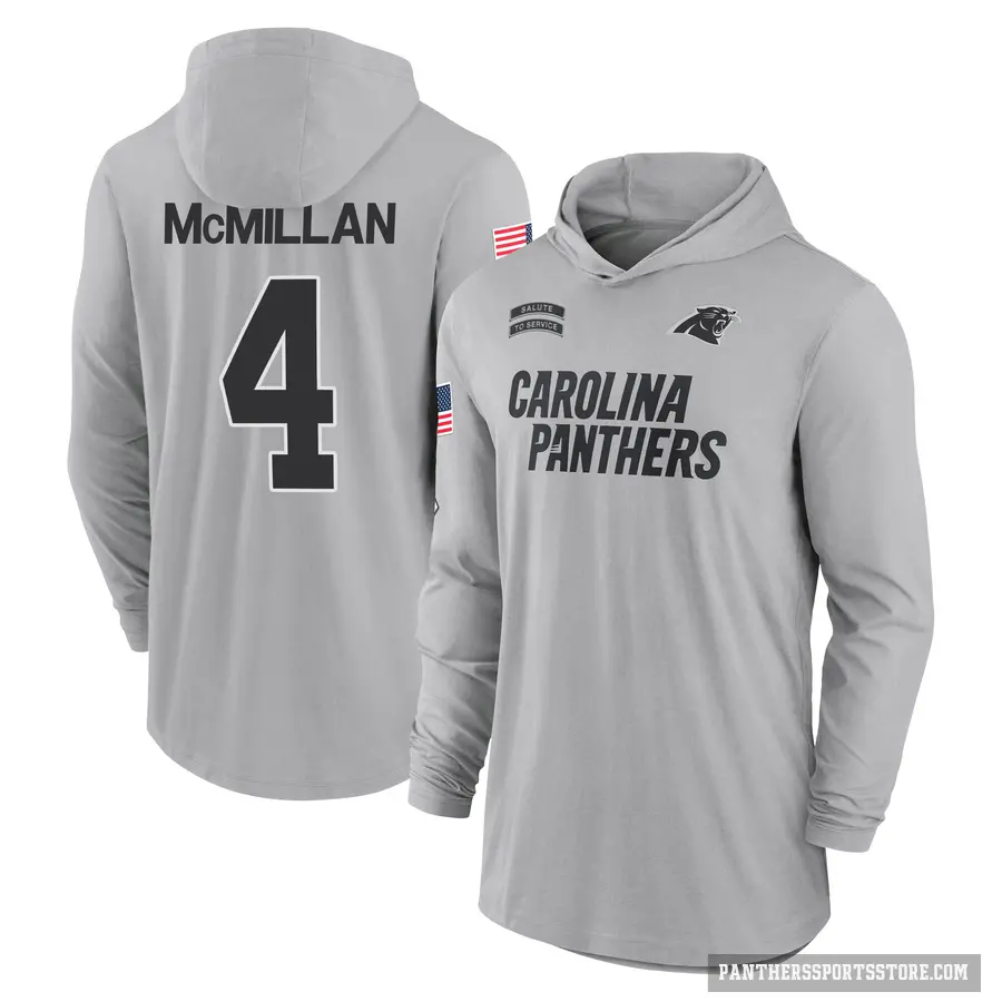 Youth ＃4 Tetairoa McMillan Carolina Panthers Gray 2024 Salute to Service Lightweight Performance Long Sleeve Hooded T-Shirt