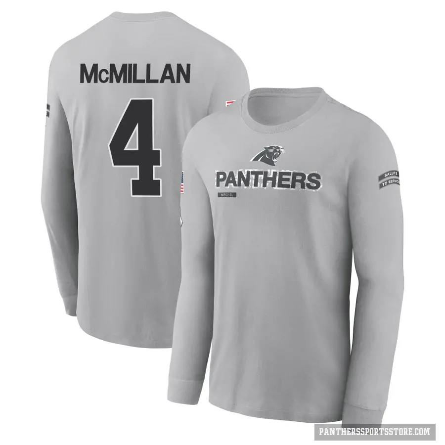Youth ＃4 Tetairoa McMillan Carolina Panthers Gray 2024 Salute to Service Long Sleeve T-Shirt