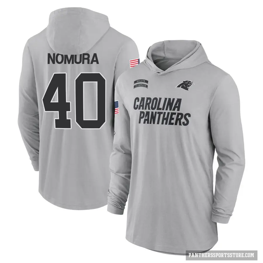 Youth ＃40 Tuasivi Nomura Carolina Panthers Gray 2024 Salute to Service Lightweight Performance Long Sleeve Hooded T-Shirt