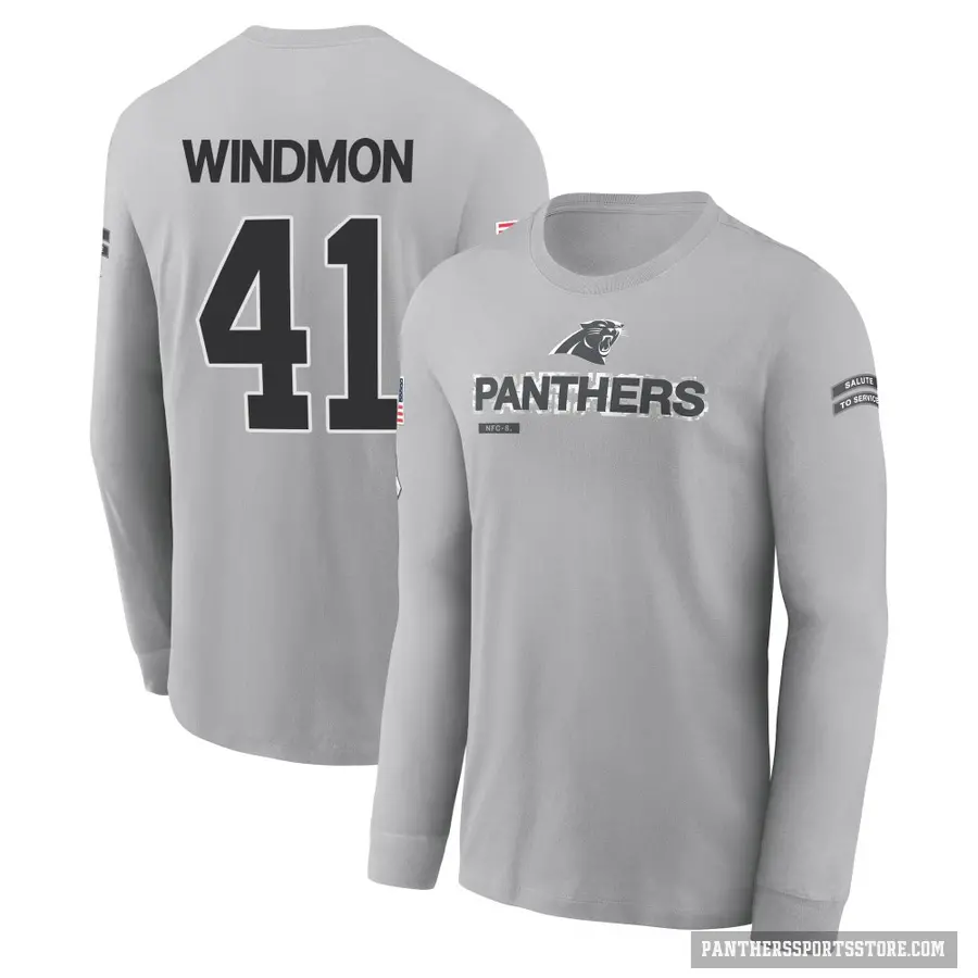 Youth ＃41 Jacoby Windmon Carolina Panthers Gray 2024 Salute to Service Long Sleeve T-Shirt