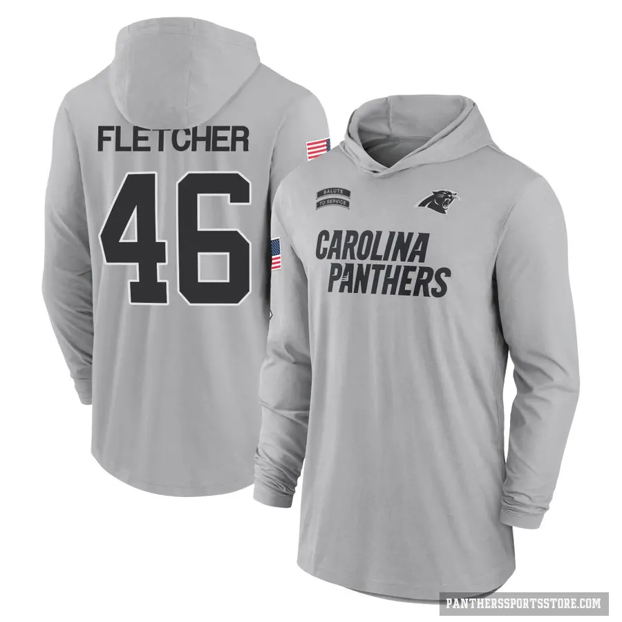 Youth ＃46 Thomas Fletcher Carolina Panthers Gray 2024 Salute to Service Lightweight Performance Long Sleeve Hooded T-Shirt