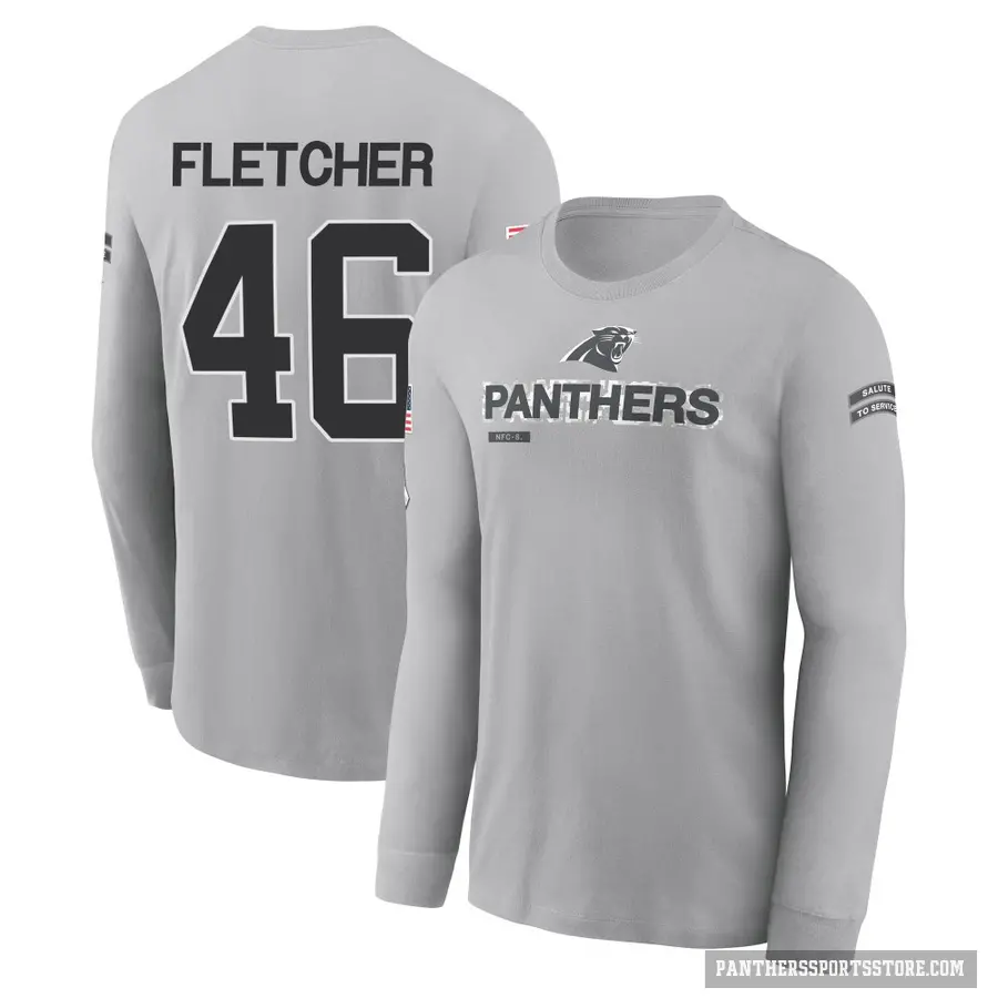 Youth ＃46 Thomas Fletcher Carolina Panthers Gray 2024 Salute to Service Long Sleeve T-Shirt