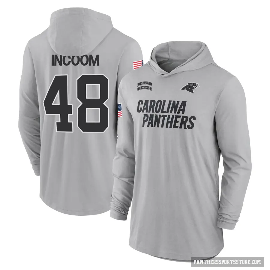 Youth ＃48 Thomas Incoom Carolina Panthers Gray 2024 Salute to Service Lightweight Performance Long Sleeve Hooded T-Shirt