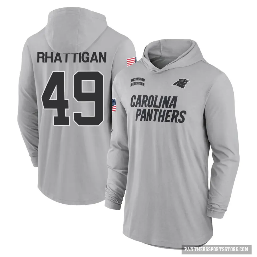 Youth ＃49 Jon Rhattigan Carolina Panthers Gray 2024 Salute to Service Lightweight Performance Long Sleeve Hooded T-Shirt