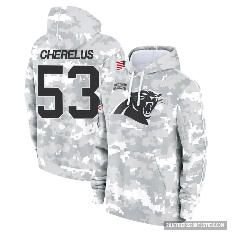 Youth ＃53 Claudin Cherelus Carolina Panthers Arctic Camo 2024 Salute to Service Club Fleece Pullover Hoodie