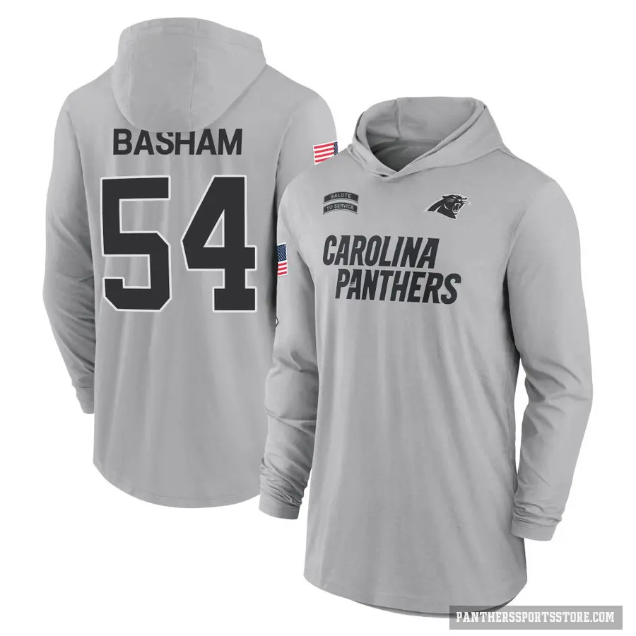 Youth ＃54 Boogie Basham Carolina Panthers Gray 2024 Salute to Service Lightweight Performance Long Sleeve Hooded T-Shirt
