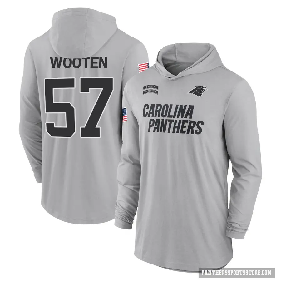 Youth ＃57 Chandler Wooten Carolina Panthers Gray 2024 Salute to Service Lightweight Performance Long Sleeve Hooded T-Shirt