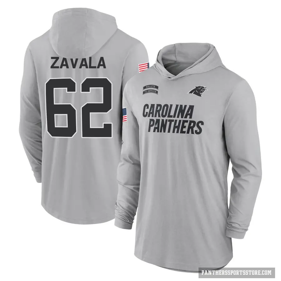 Youth ＃62 Chandler Zavala Carolina Panthers Gray 2024 Salute to Service Lightweight Performance Long Sleeve Hooded T-Shirt