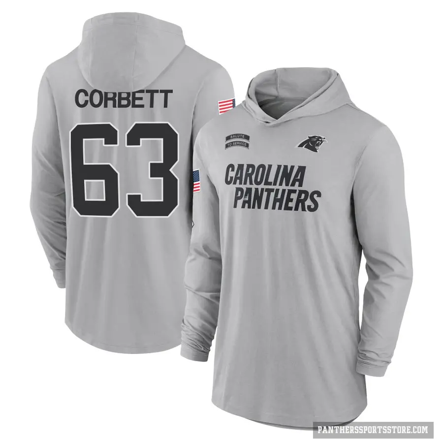 Youth ＃63 Austin Corbett Carolina Panthers Gray 2024 Salute to Service Lightweight Performance Long Sleeve Hooded T-Shirt