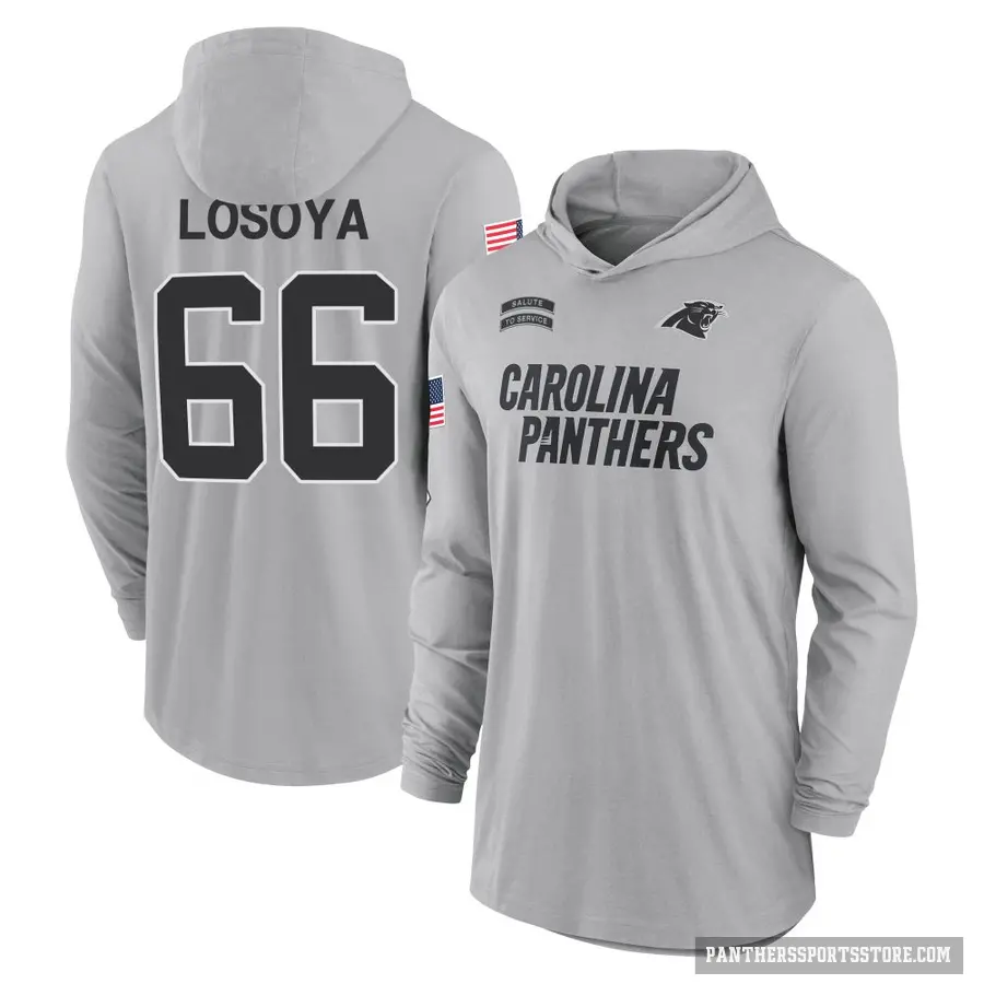 Youth ＃66 Steven Losoya Carolina Panthers Gray 2024 Salute to Service Lightweight Performance Long Sleeve Hooded T-Shirt