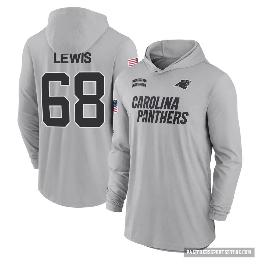 Youth ＃68 Damien Lewis Carolina Panthers Gray 2024 Salute to Service Lightweight Performance Long Sleeve Hooded T-Shirt
