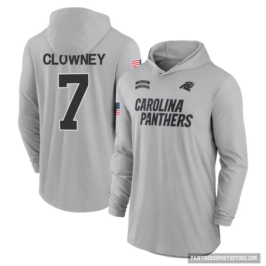 Youth ＃7 Jadeveon Clowney Carolina Panthers Gray 2024 Salute to Service Lightweight Performance Long Sleeve Hooded T-Shirt