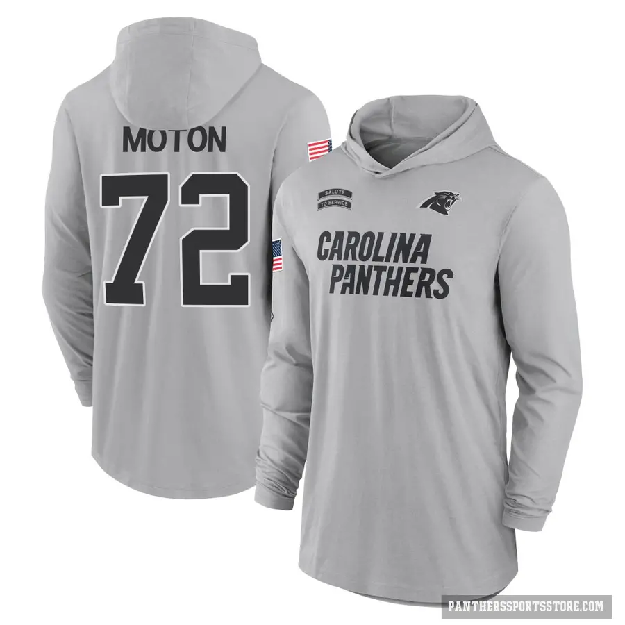 Youth ＃72 Taylor Moton Carolina Panthers Gray 2024 Salute to Service Lightweight Performance Long Sleeve Hooded T-Shirt