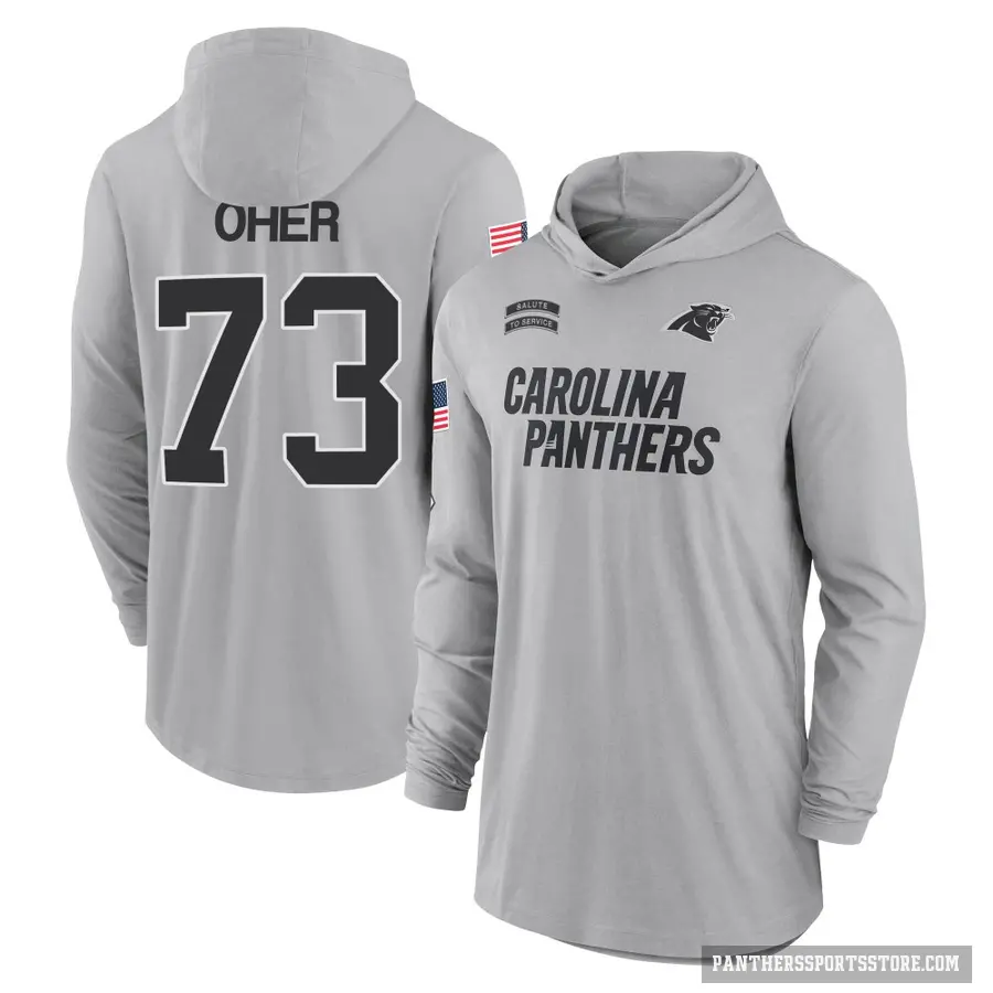 Youth ＃73 Michael Oher Carolina Panthers Gray 2024 Salute to Service Lightweight Performance Long Sleeve Hooded T-Shirt