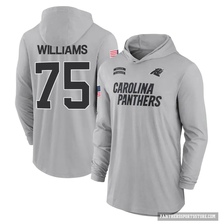 Youth ＃75 DeShawn Williams Carolina Panthers Gray 2024 Salute to Service Lightweight Performance Long Sleeve Hooded T-Shirt