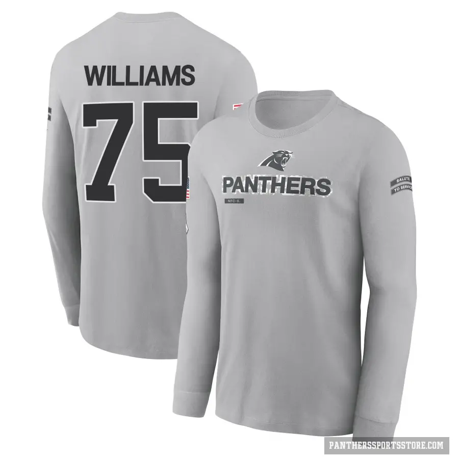 Youth ＃75 DeShawn Williams Carolina Panthers Gray 2024 Salute to Service Long Sleeve T-Shirt
