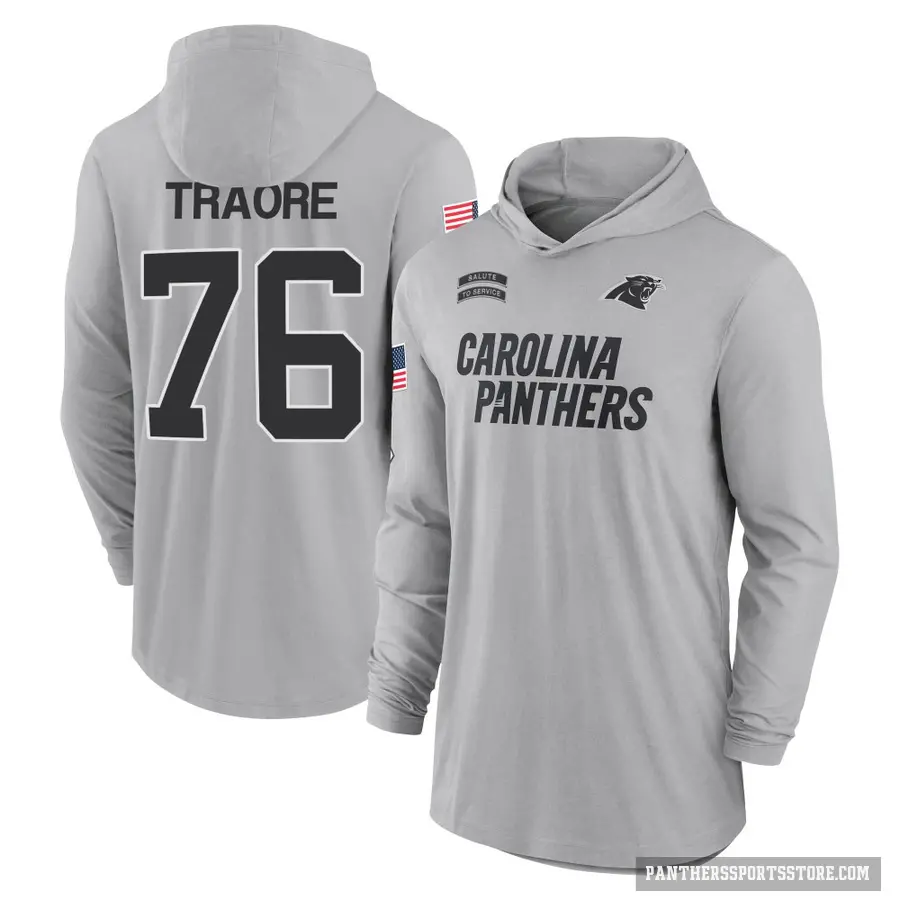 Youth ＃76 Badara Traore Carolina Panthers Gray 2024 Salute to Service Lightweight Performance Long Sleeve Hooded T-Shirt