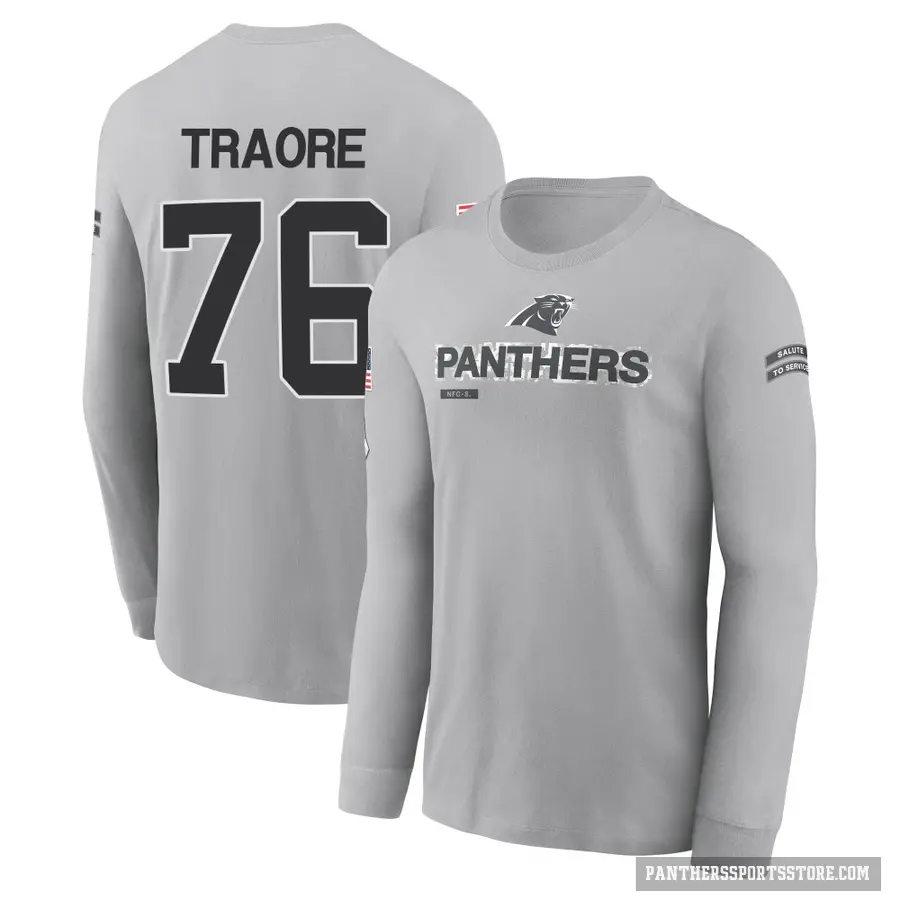 Youth ＃76 Badara Traore Carolina Panthers Gray 2024 Salute to Service Long Sleeve T-Shirt