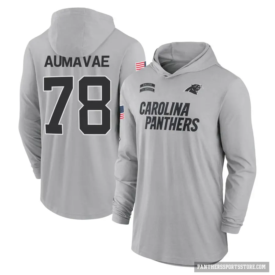 Youth ＃78 Popo Aumavae Carolina Panthers Gray 2024 Salute to Service Lightweight Performance Long Sleeve Hooded T-Shirt