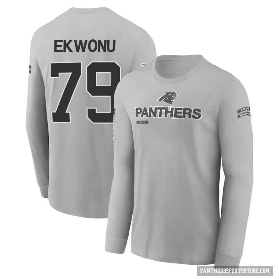 Youth ＃79 Ikem Ekwonu Carolina Panthers Gray 2024 Salute to Service Long Sleeve T-Shirt