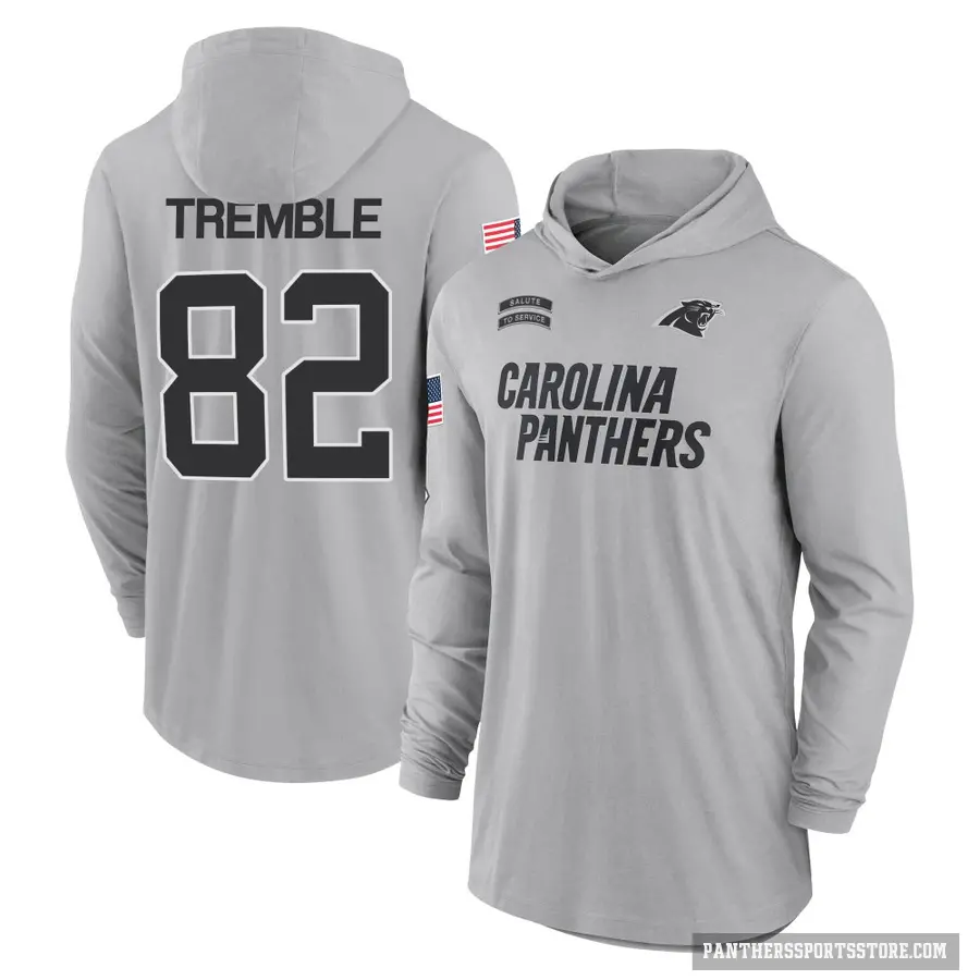 Youth ＃82 Tommy Tremble Carolina Panthers Gray 2024 Salute to Service Lightweight Performance Long Sleeve Hooded T-Shirt