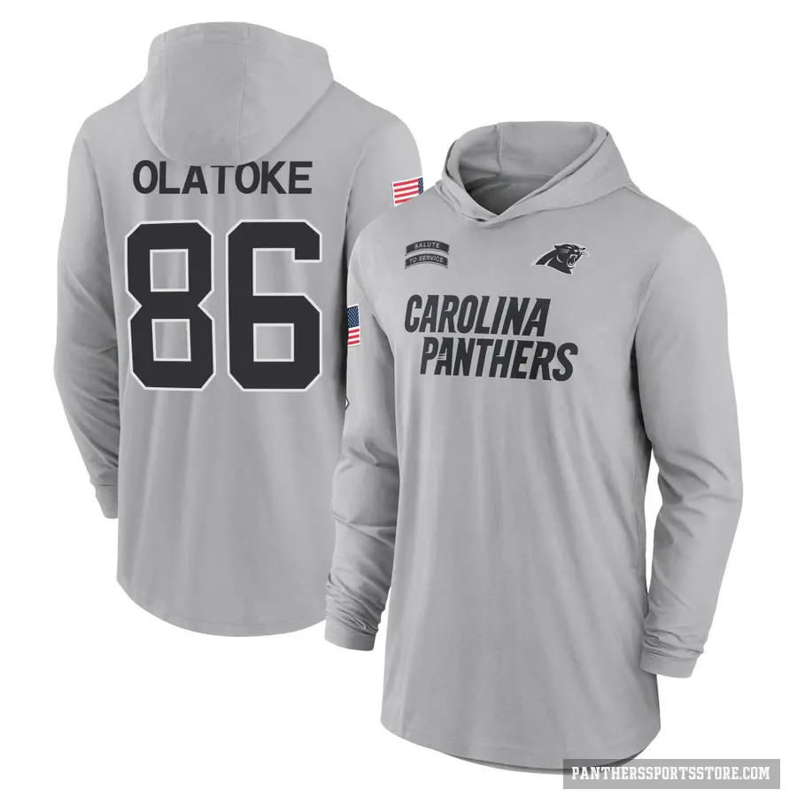 Youth ＃86 Praise Olatoke Carolina Panthers Gray 2024 Salute to Service Lightweight Performance Long Sleeve Hooded T-Shirt