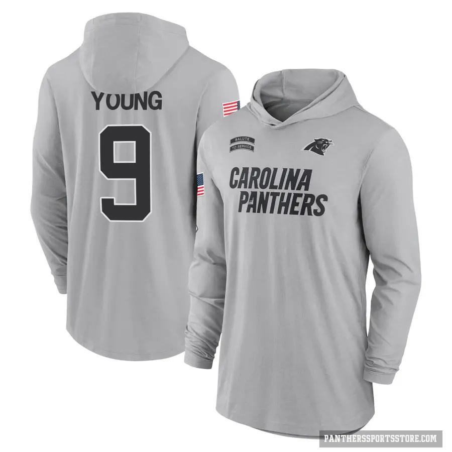 Youth ＃9 Bryce Young Carolina Panthers Gray 2024 Salute to Service Lightweight Performance Long Sleeve Hooded T-Shirt