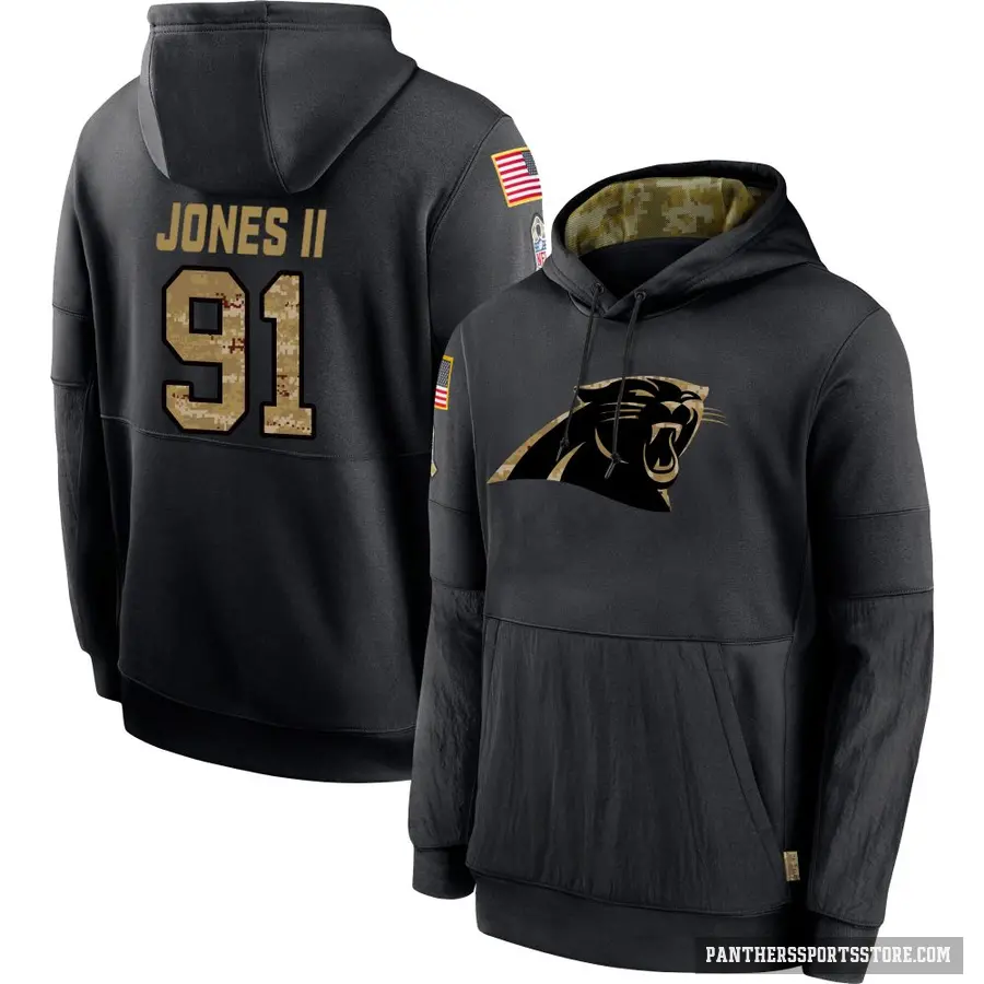 Youth ＃91 Pat Jones II Carolina Panthers Black 2020 Salute to Service Sideline Performance Pullover Hoodie