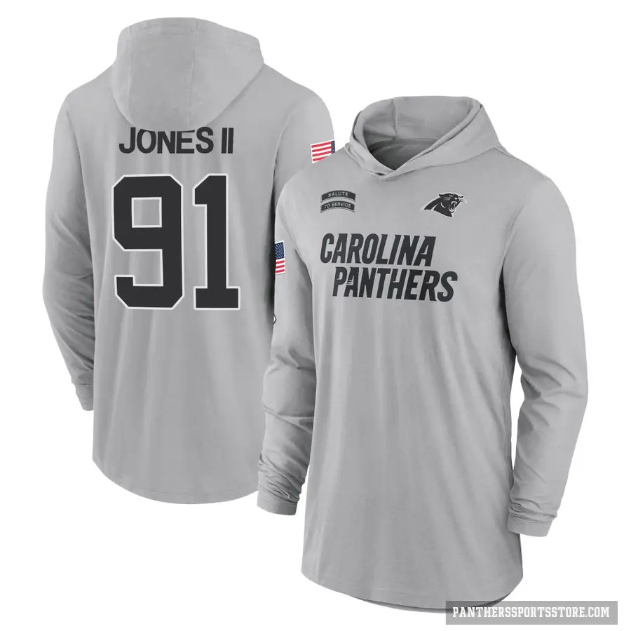 Youth ＃91 Pat Jones II Carolina Panthers Gray 2024 Salute to Service Lightweight Performance Long Sleeve Hooded T-Shirt