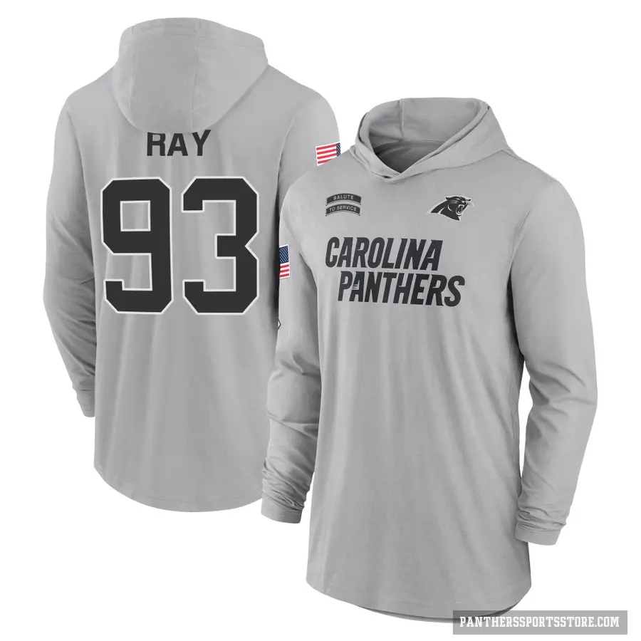 Youth ＃93 LaBryan Ray Carolina Panthers Gray 2024 Salute to Service Lightweight Performance Long Sleeve Hooded T-Shirt