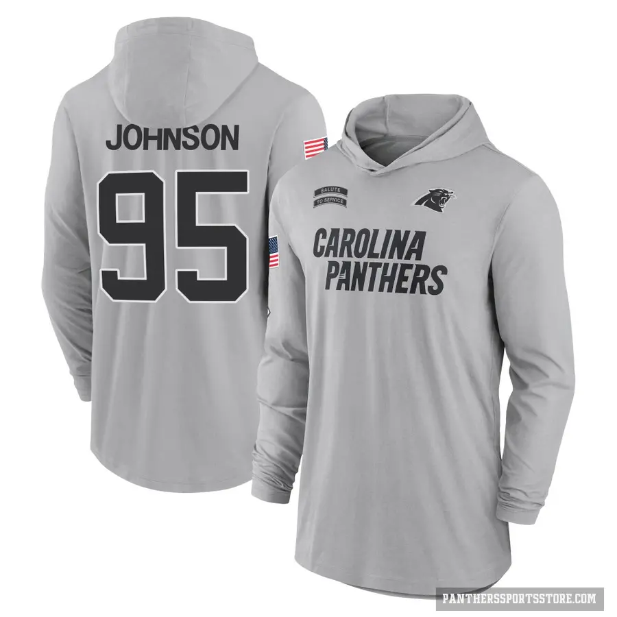 Youth ＃95 Charles Johnson Carolina Panthers Gray 2024 Salute to Service Lightweight Performance Long Sleeve Hooded T-Shirt