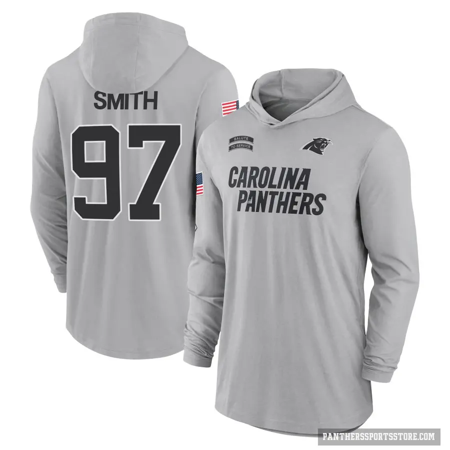 Youth ＃97 T.J. Smith Carolina Panthers Gray 2024 Salute to Service Lightweight Performance Long Sleeve Hooded T-Shirt