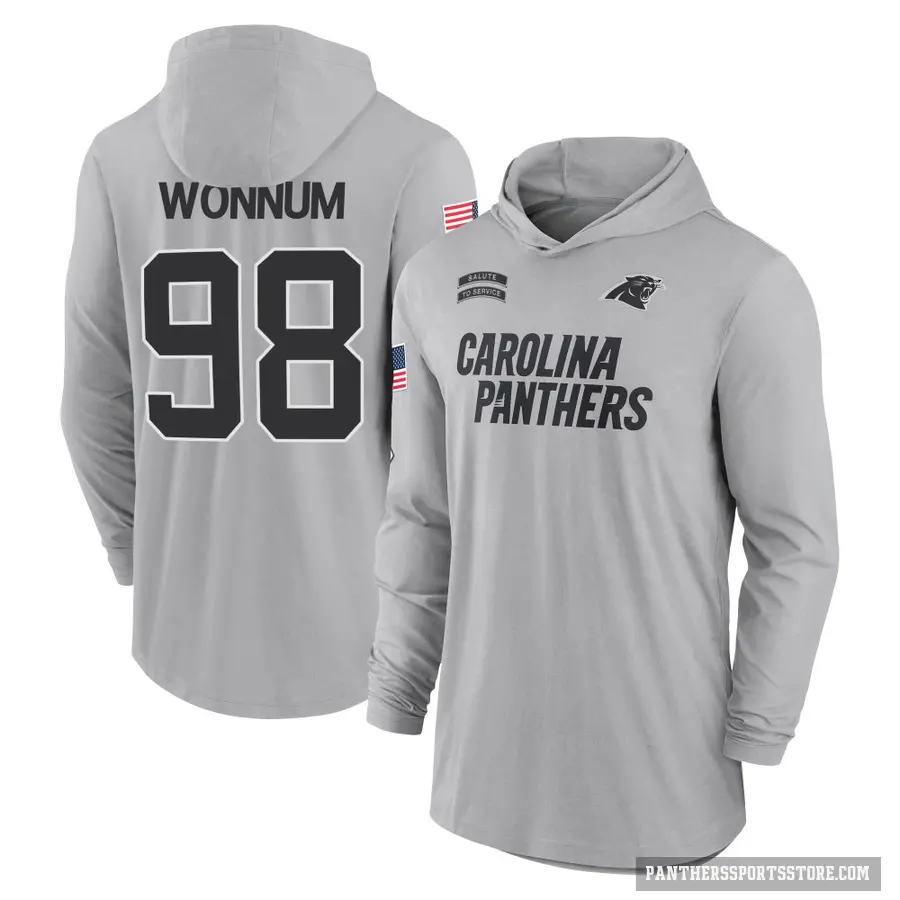 Youth ＃98 D.J. Wonnum Carolina Panthers Gray 2024 Salute to Service Lightweight Performance Long Sleeve Hooded T-Shirt