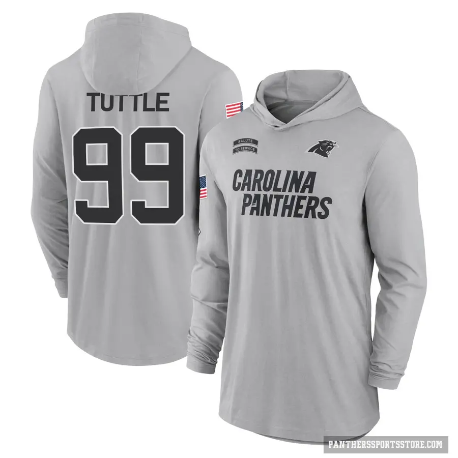 Youth ＃99 Shy Tuttle Carolina Panthers Gray 2024 Salute to Service Lightweight Performance Long Sleeve Hooded T-Shirt